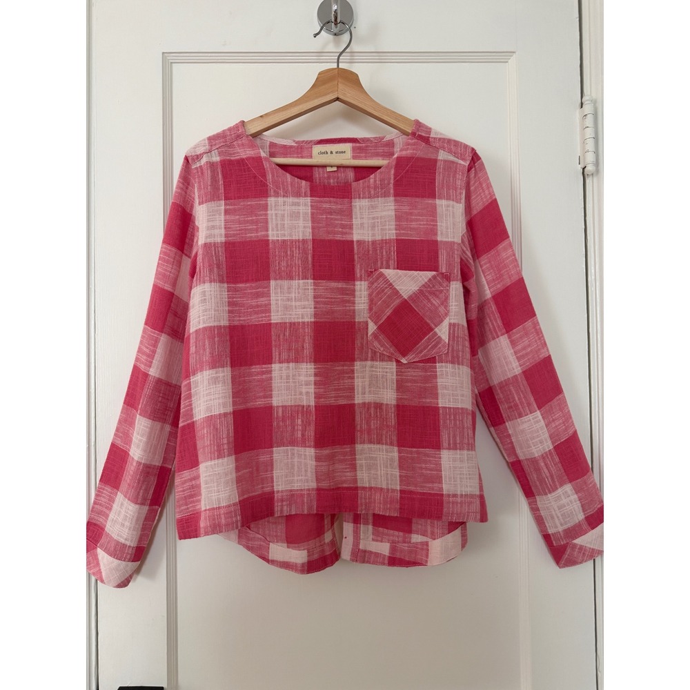 Cloth & Stone Pink White Plaid Linen Blend Button Back Top Sz Small Boho Western